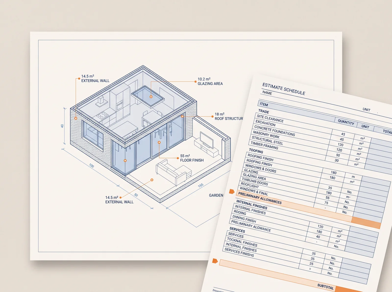 Residential extension model with measured quantities and a structured construction estimate schedule.