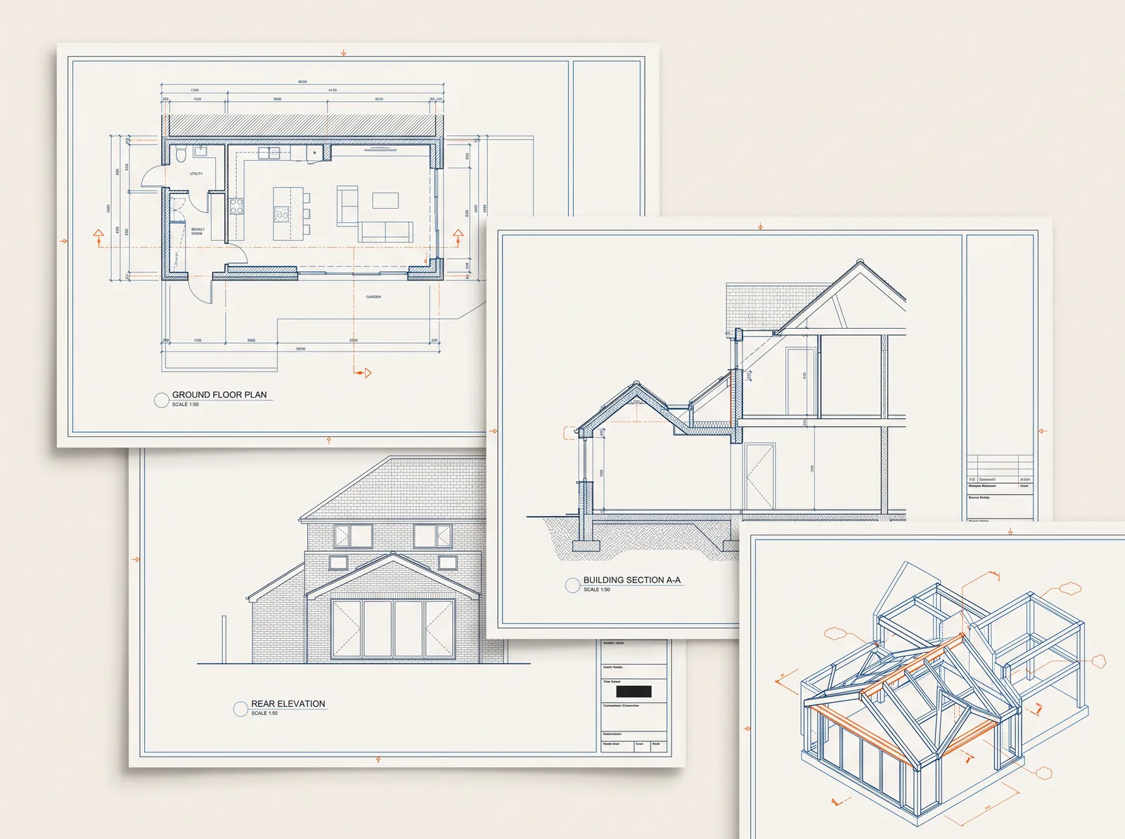Coordinated residential drawing package showing a floor plan, elevation, building section and three-dimensional technical view.
