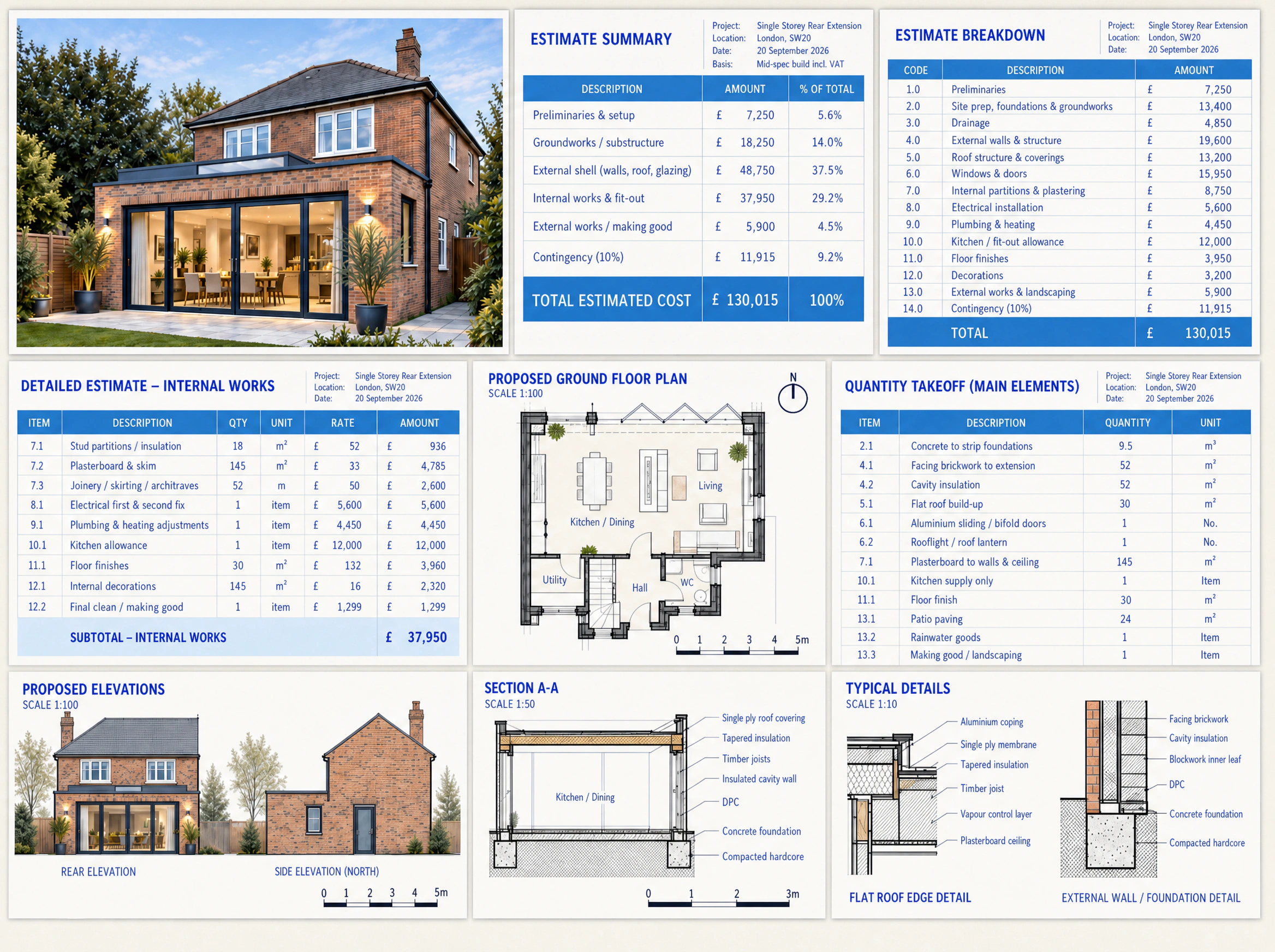 Representative construction estimate and quantity take-off format.
