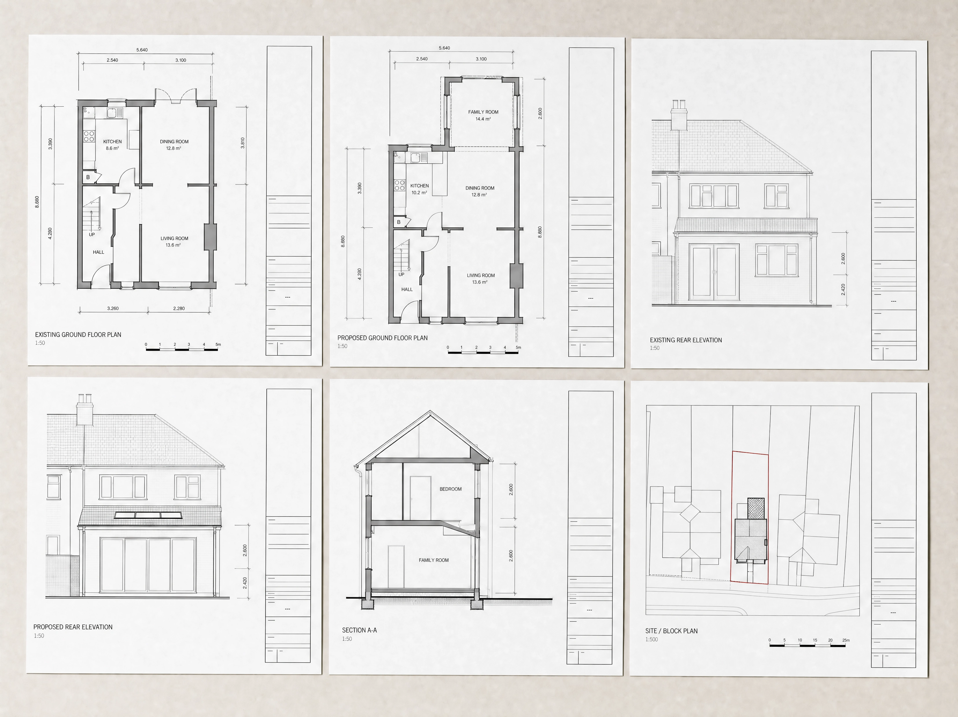 Example UK Prior Approval drawing package with existing and proposed plans, elevations, section and site plan