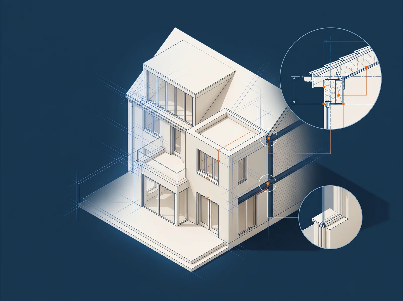 Residential architectural model under technical review with magnified roof and window coordination details.