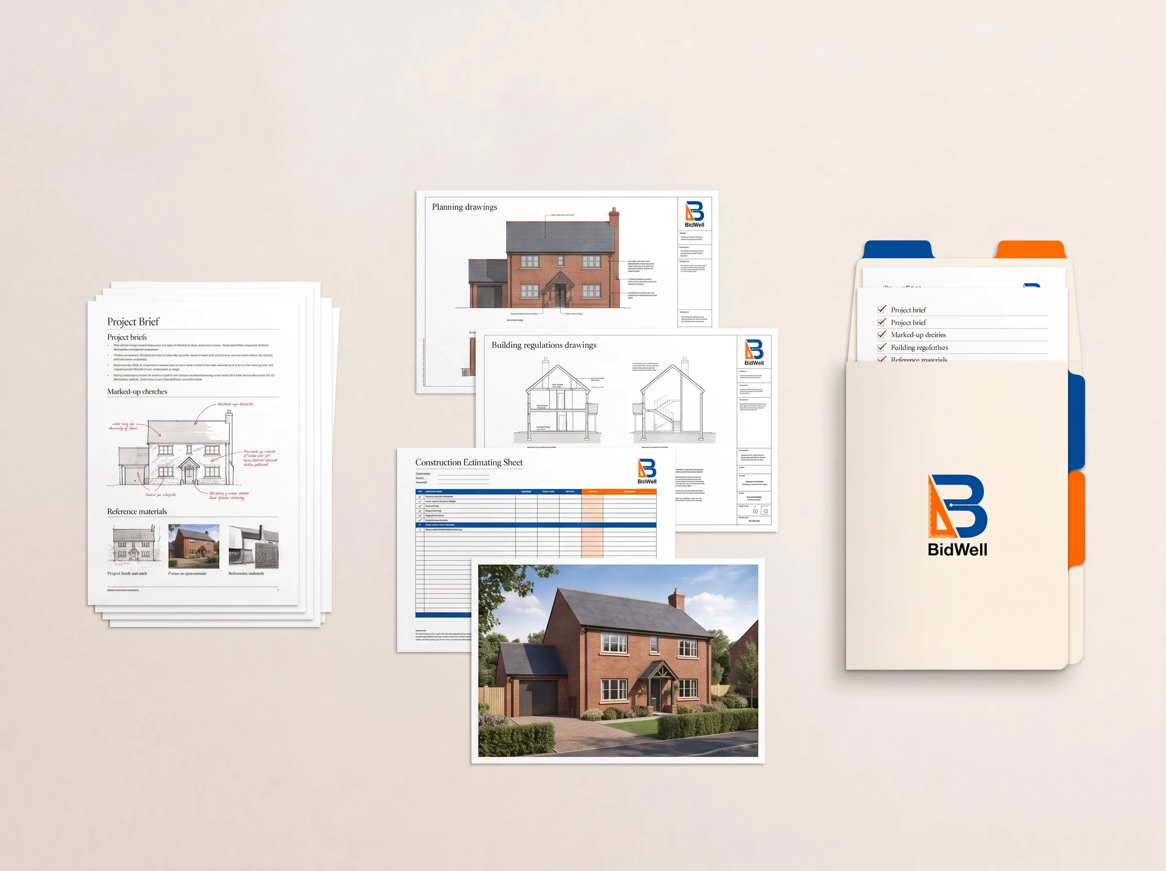 Organised BidWell production workspace showing project information, drawing production, construction estimating, UK residential visualisation and checked output documents