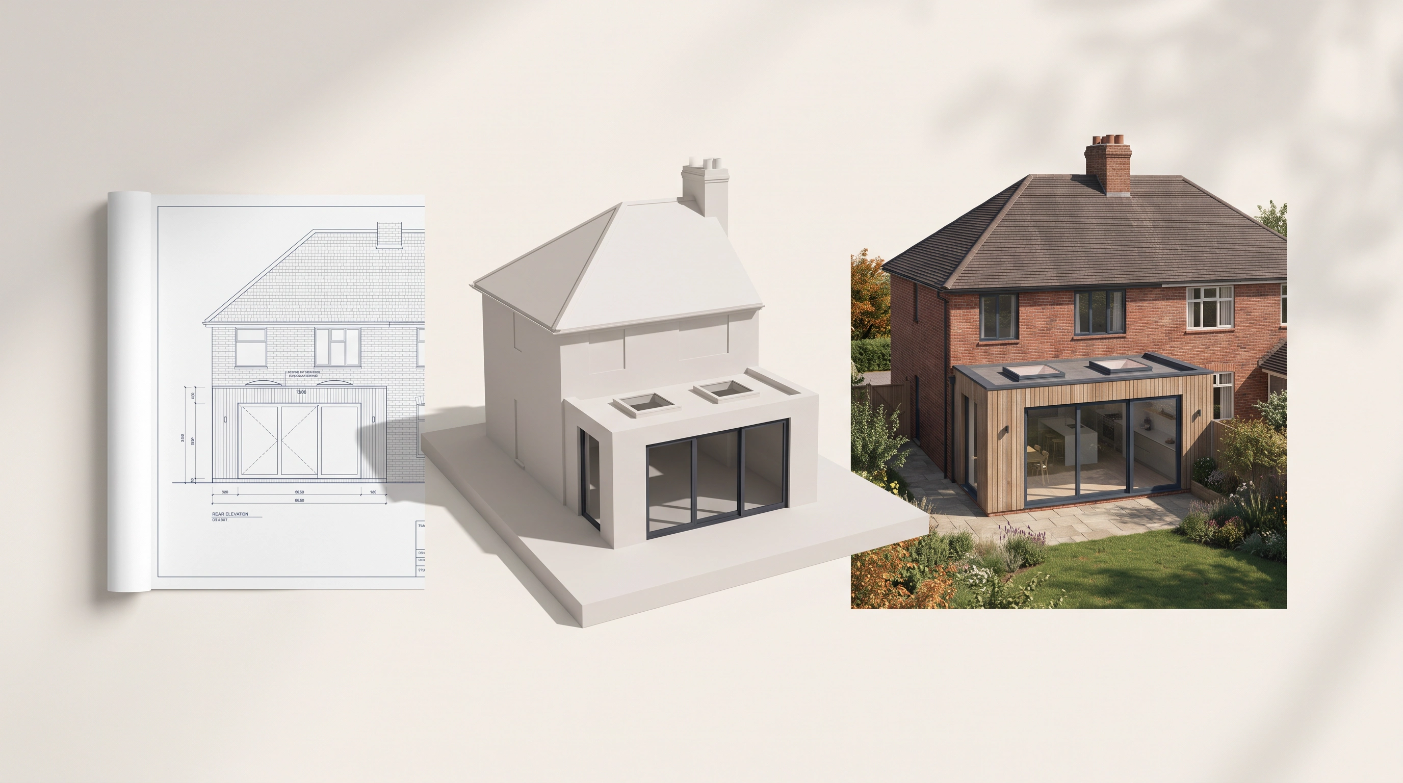 UK residential extension progressing from architectural drawing to clay model and final photorealistic visualisation