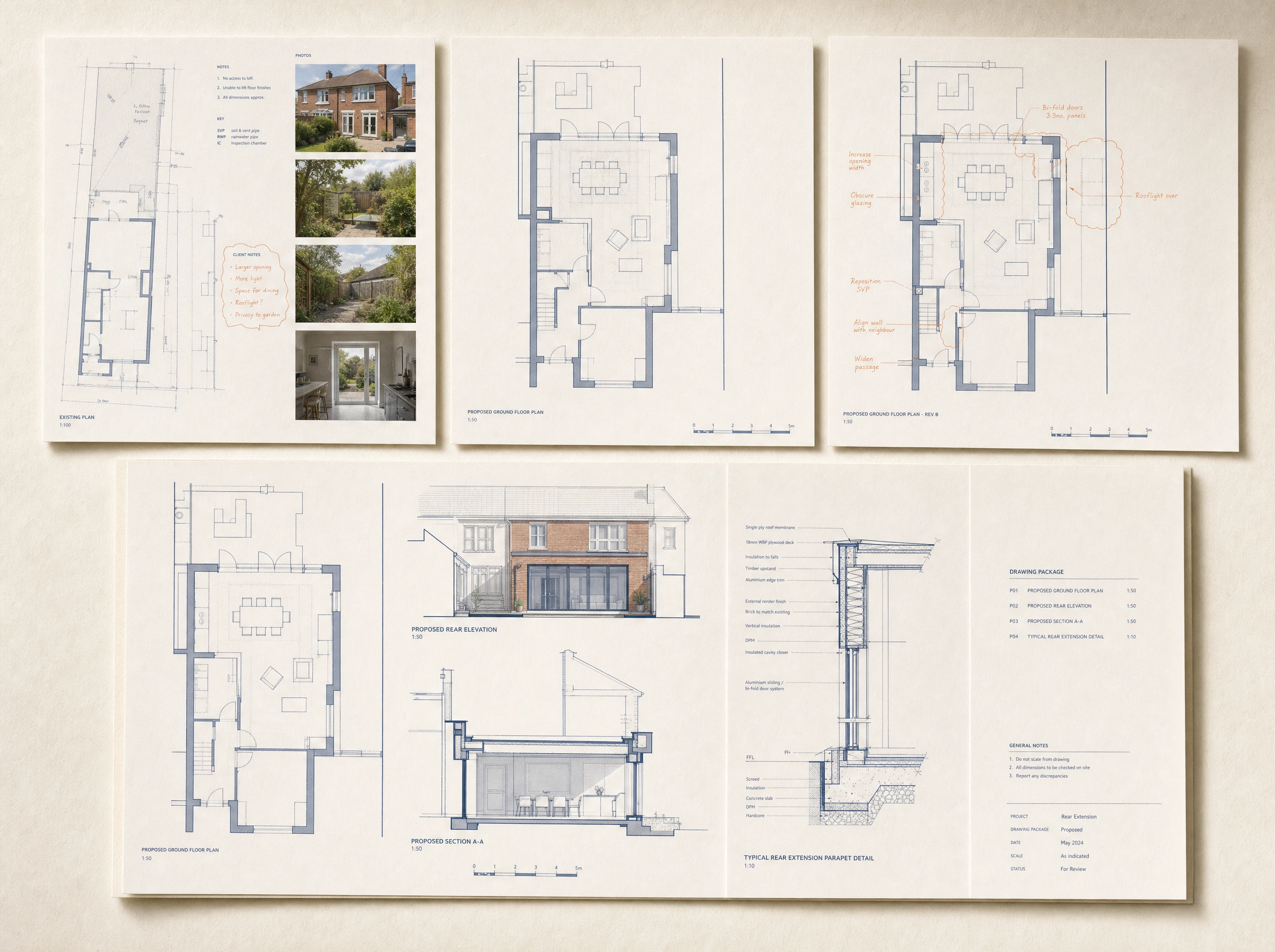 UK residential extension progressing from supplied project information to a coordinated final drawing package