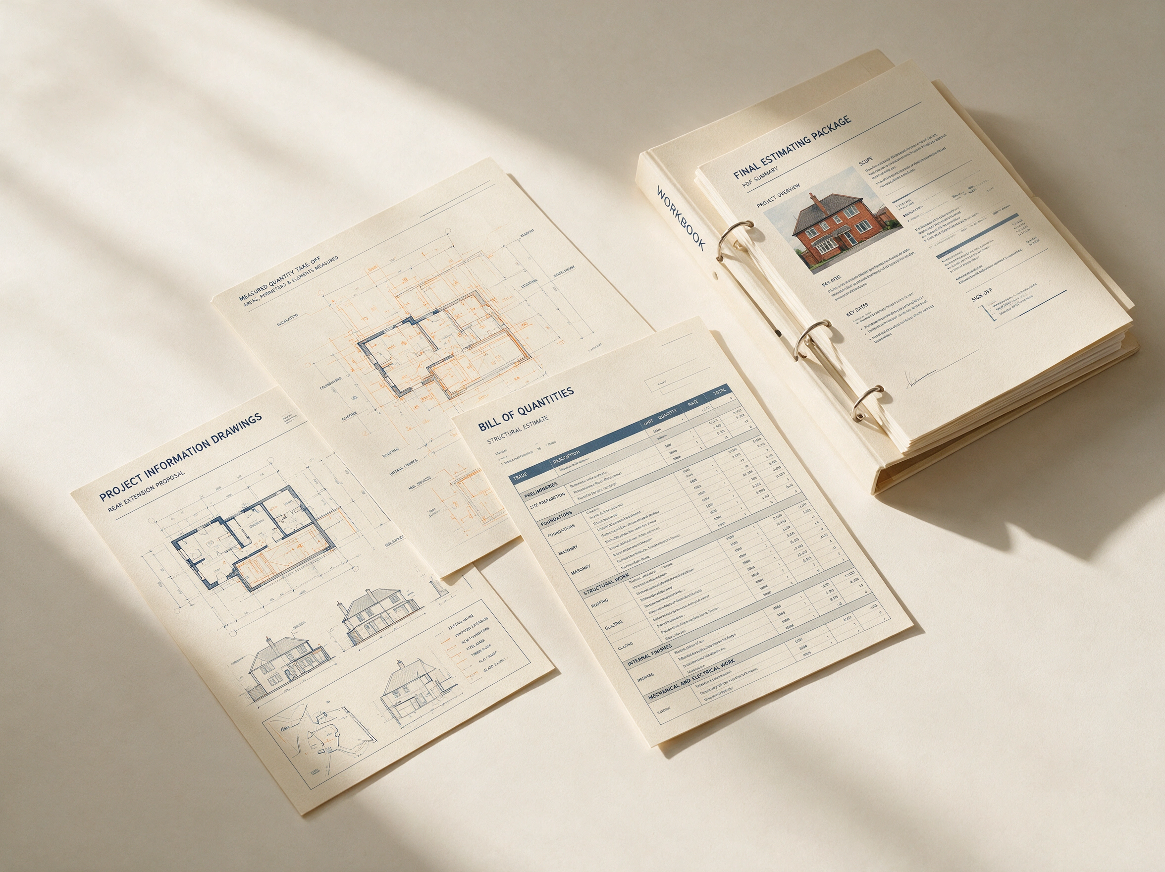 Construction estimating workflow from project drawings and measured take-off to a bill of quantities and final estimating package