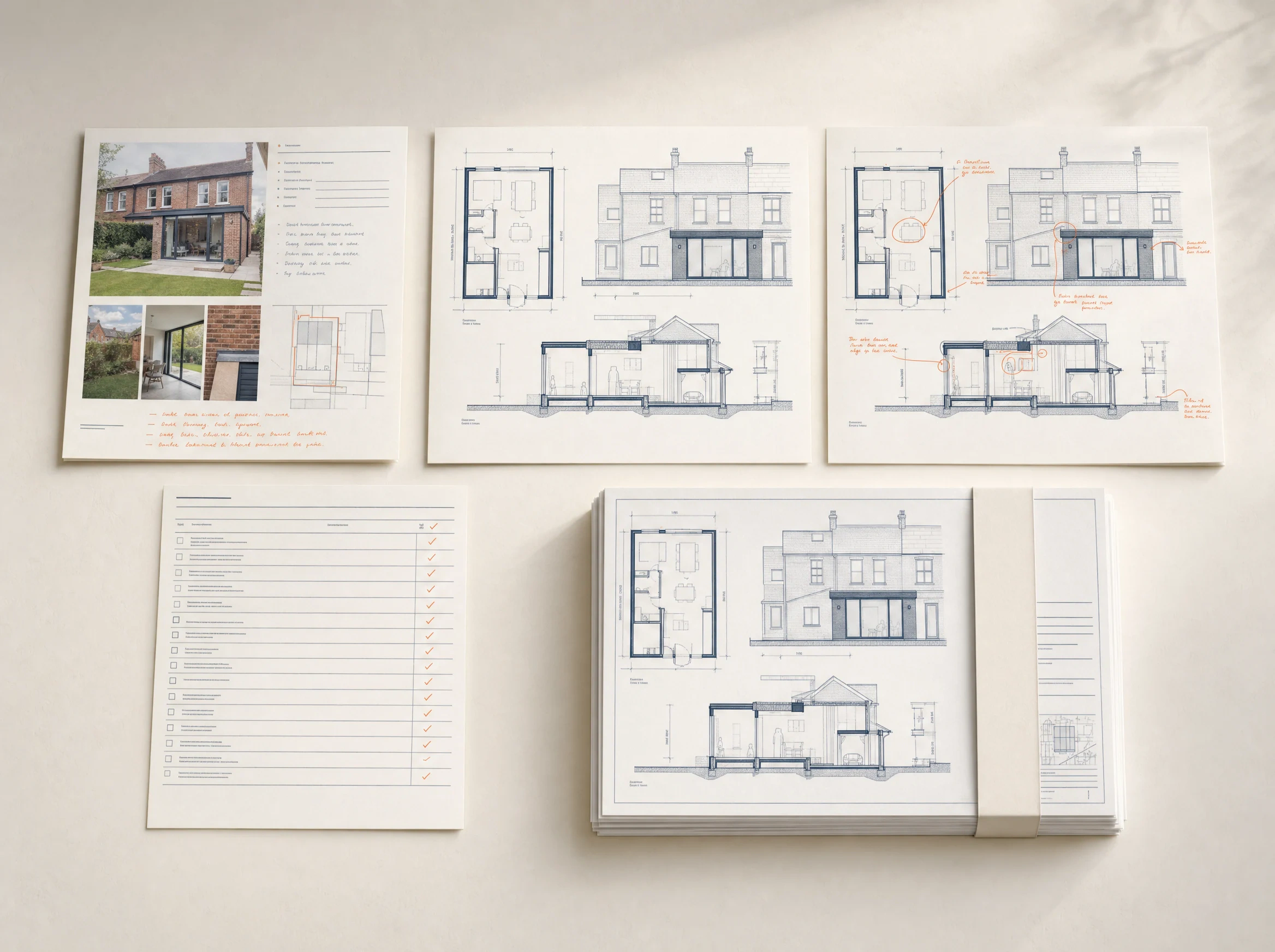 Architectural production workflow from project brief through drawing review, quality control and final delivery