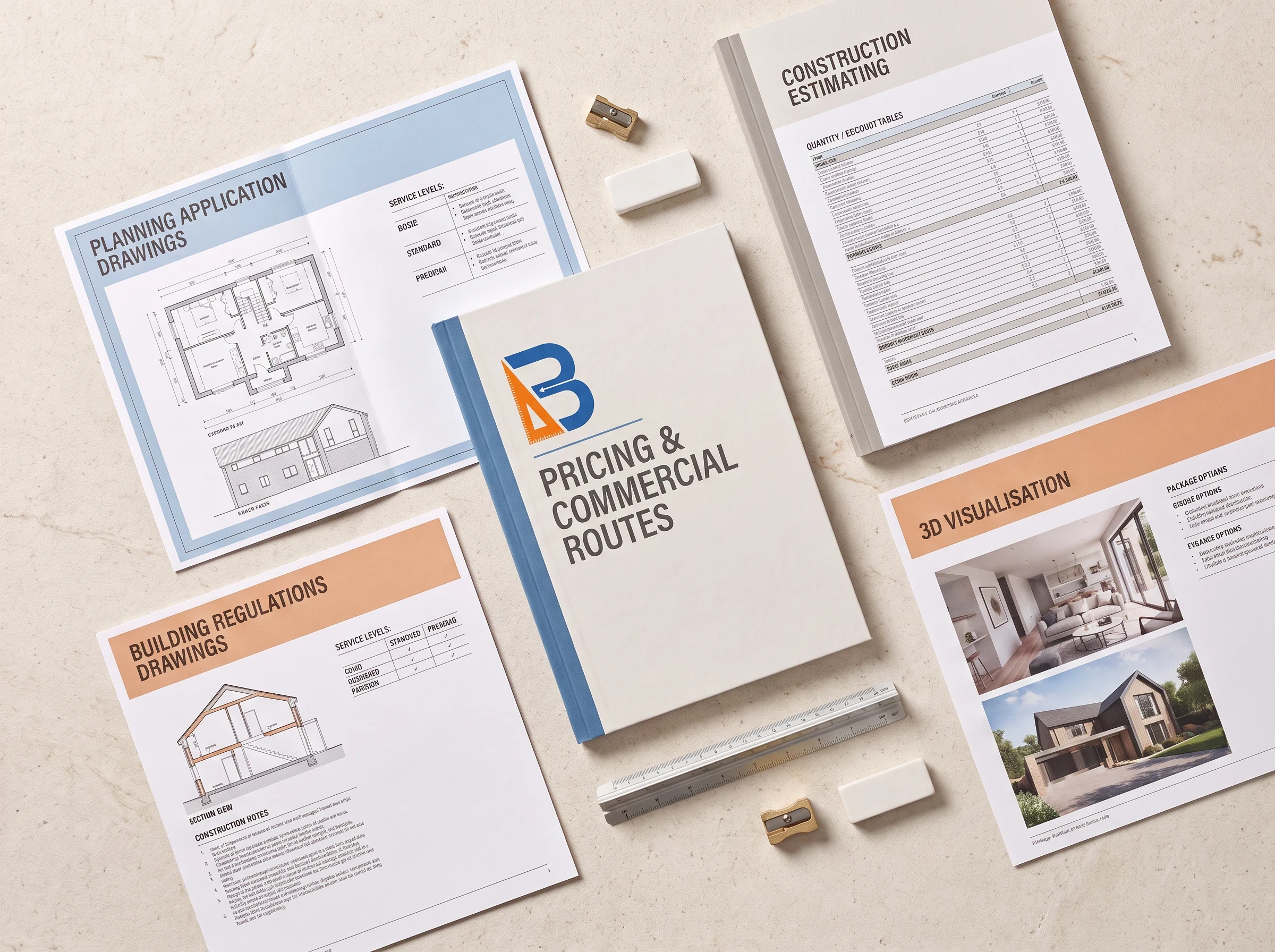 Architectural pricing and commercial-routes presentation showing planning, Building Regulations, estimating and visualisation documents