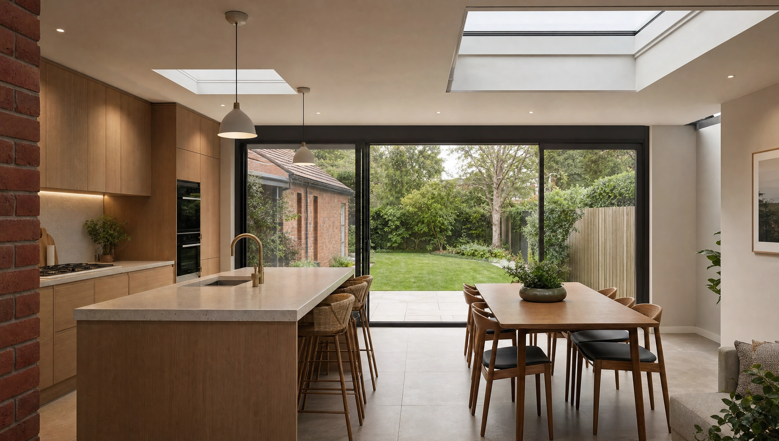 Architectural visualisation of a contemporary kitchen and dining extension opening onto a British garden