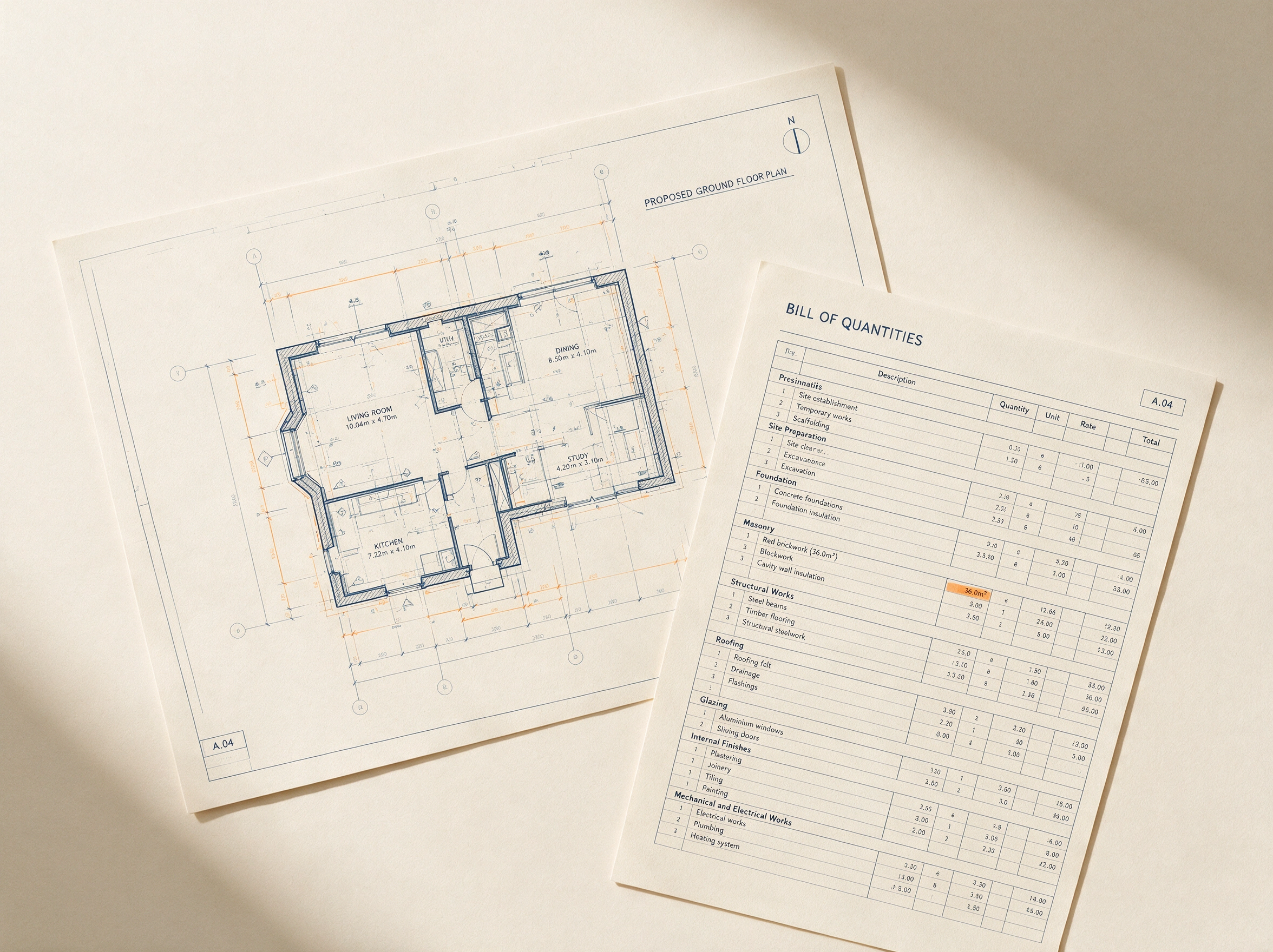 Measured residential floor plan and detailed bill of quantities