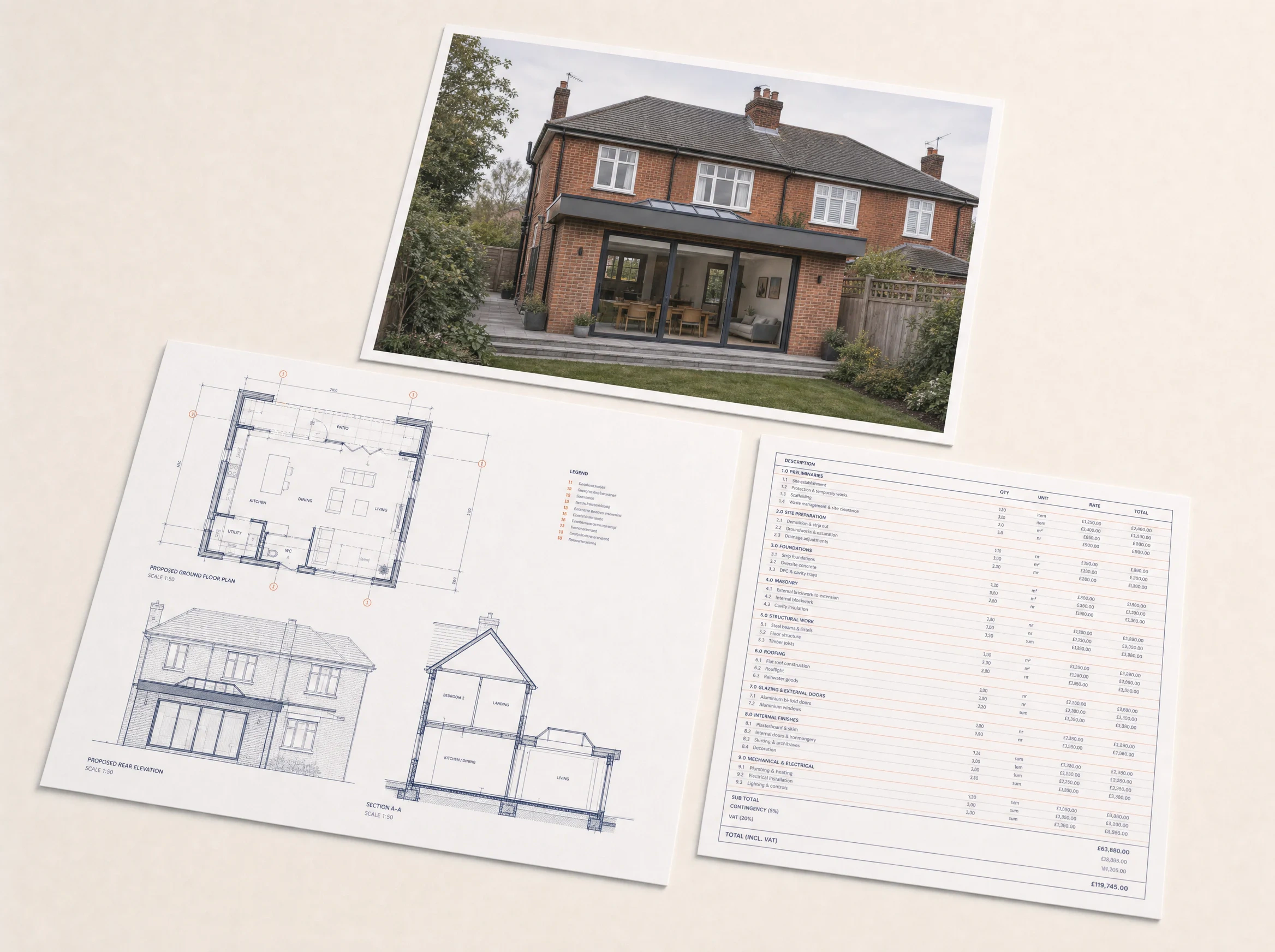 Coordinated UK residential extension render, architectural drawings and construction estimate