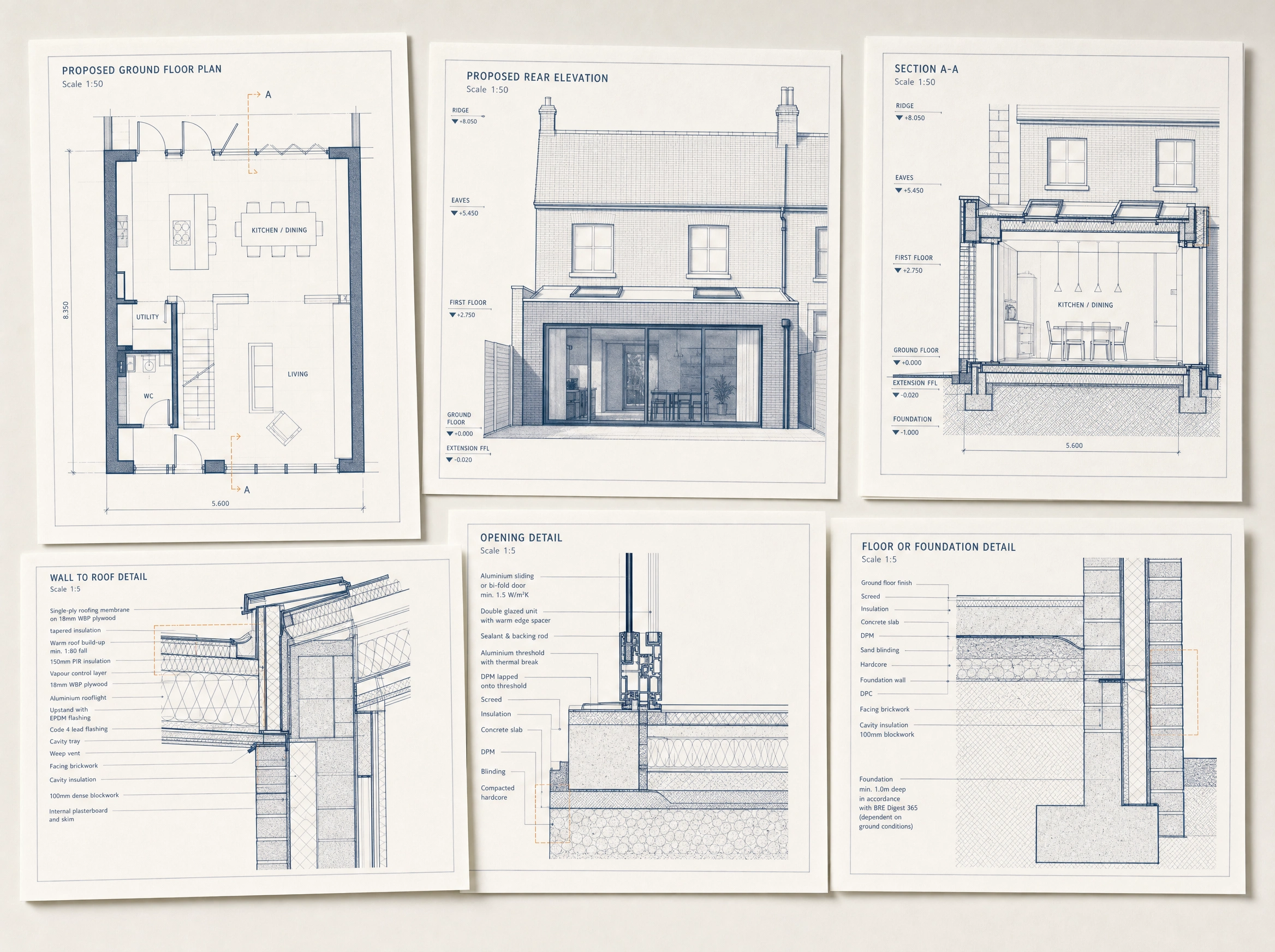 Coordinated Building Regulations package with plan, elevation, section and construction details