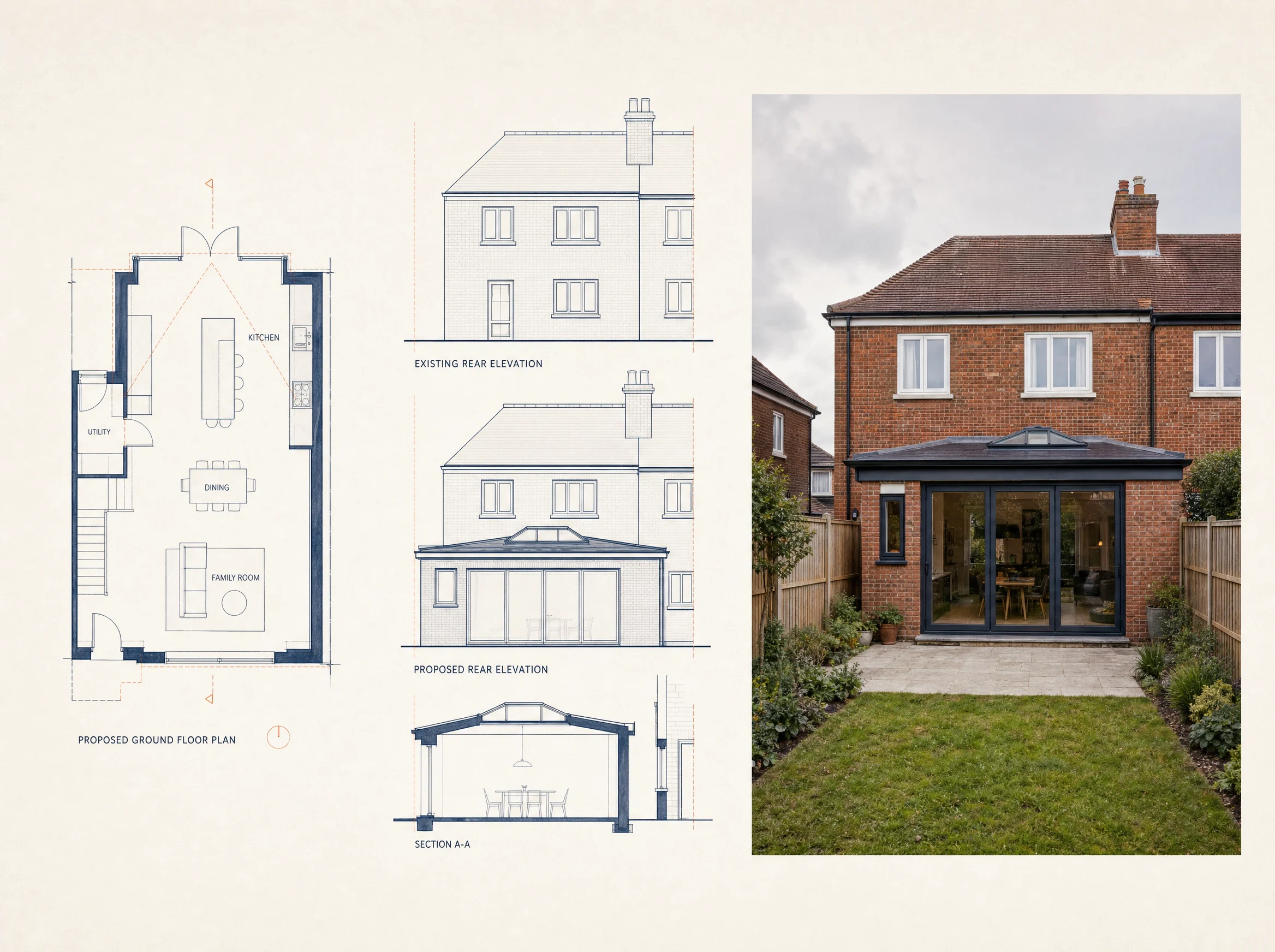 Planning Application drawing package alongside a UK residential rear extension