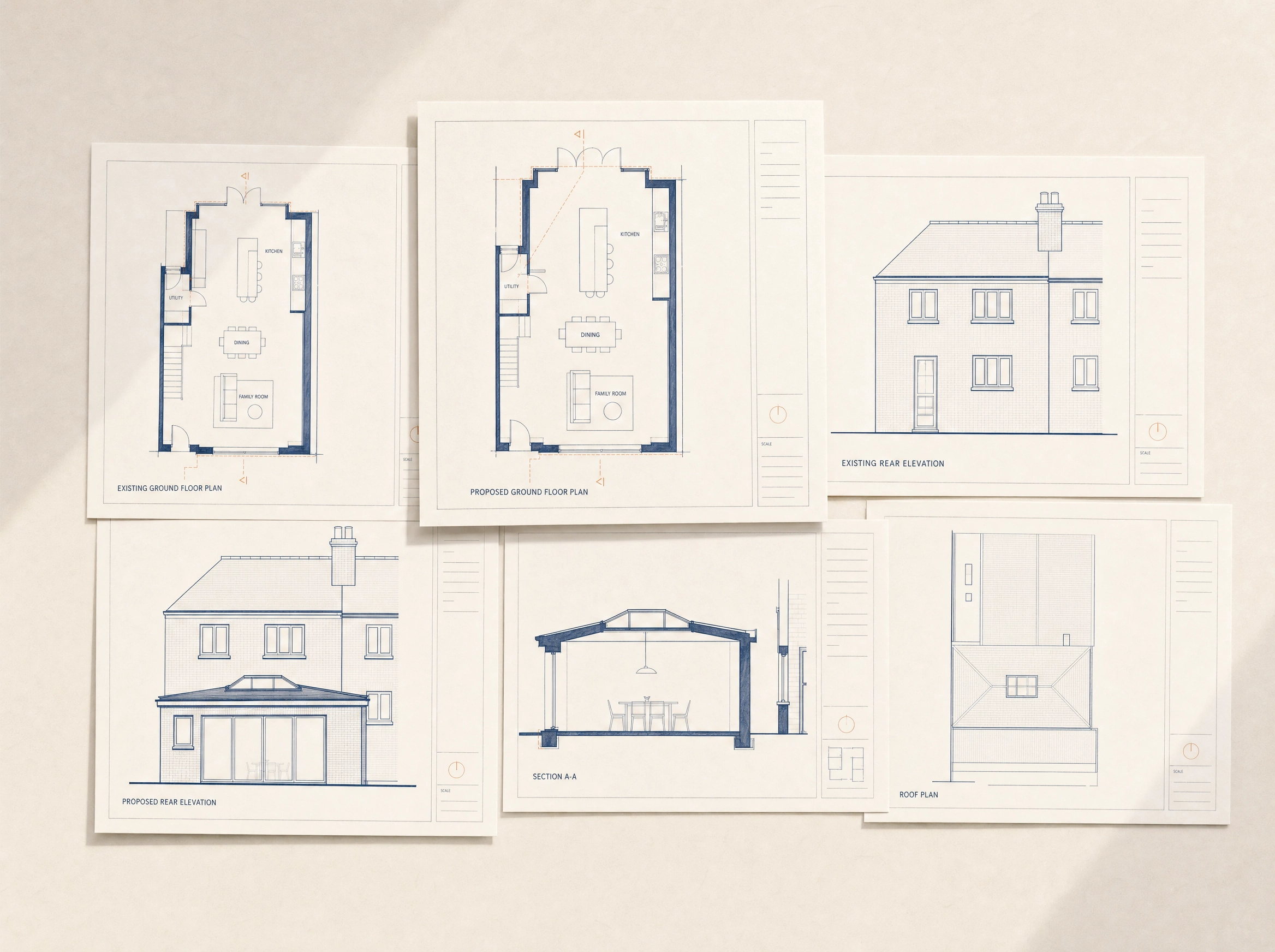 Coordinated Planning Application drawing package with plans, elevations, section and roof plan